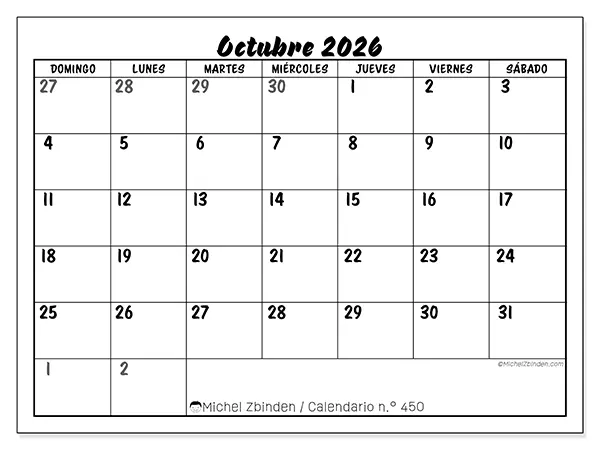 Calendario de octubre de 2026 para imprimir - Organización detallada - Semana: de domingo a sábado
