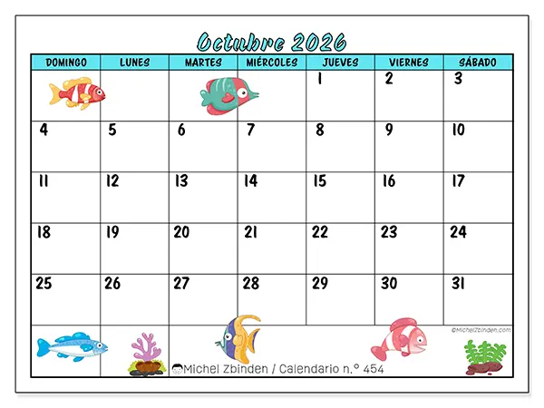 Calendario de octubre de 2026 para imprimir - Peces coloridos - Semana: de domingo a sábado