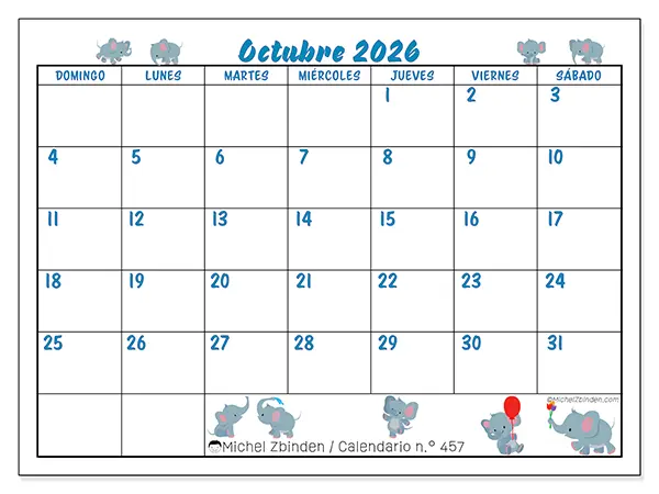 Calendario de octubre de 2026 para imprimir - Pequeños elefantes - Semana: de domingo a sábado