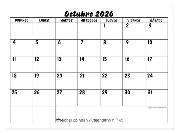 Calendario de octubre de 2026 para imprimir - Éxito escolar - Semana: de domingo a sábado