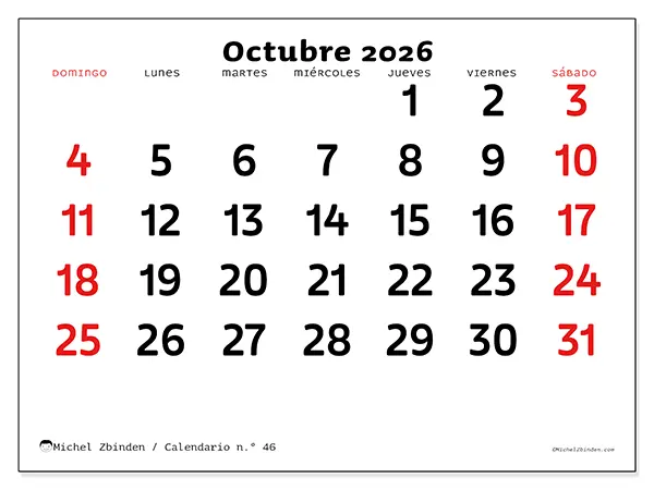 Calendario de octubre de 2026 para imprimir - Visión clara - Semana: de domingo a sábado