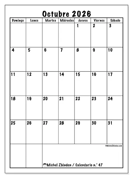 Calendario de octubre de 2026 para imprimir - Planificación eficiente - Semana: de domingo a sábado