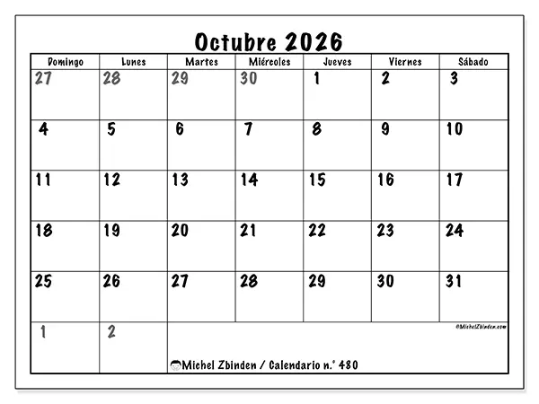 Calendario de octubre de 2026 para imprimir - Planificación completa - Semana: de domingo a sábado