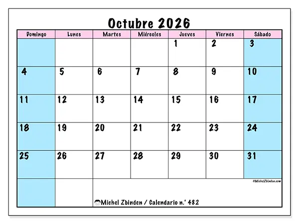 Calendario de octubre de 2026 para imprimir - Horario de equipo - Semana: de domingo a sábado