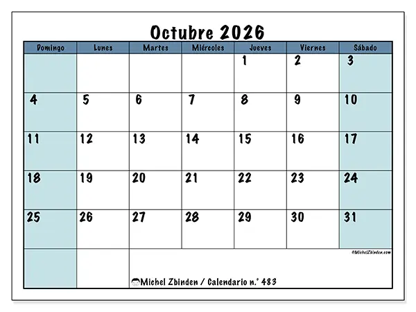 Calendario de octubre de 2026 para imprimir - Estructura para la escuela - Semana: de domingo a sábado