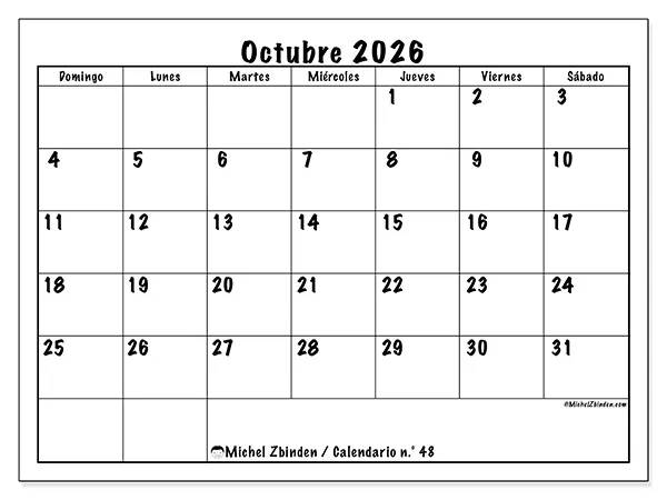 Calendario de octubre de 2026 para imprimir - Eficiencia diaria - Semana: de domingo a sábado
