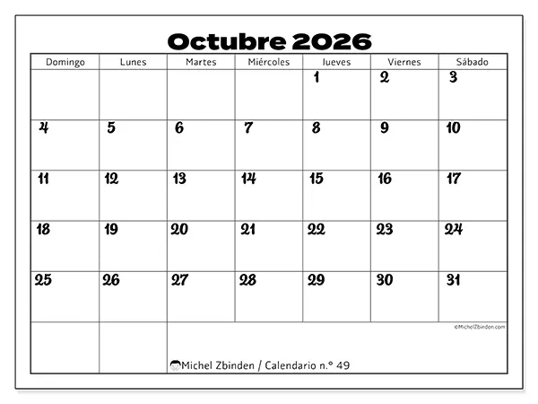 Calendario de octubre de 2026 para imprimir - Coordinación productiva - Semana: de domingo a sábado