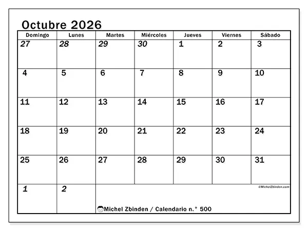 Calendario de octubre de 2026 para imprimir - Planificación intensiva - Semana: de domingo a sábado
