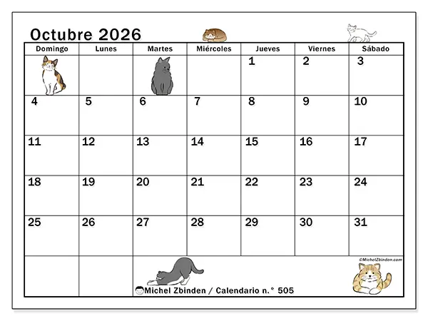 Calendario de octubre de 2026 para imprimir - Vida de gato - Semana: de domingo a sábado