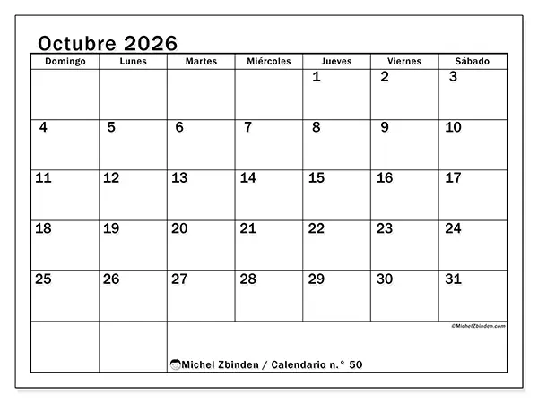 Calendario de octubre de 2026 para imprimir - Planificación óptima - Semana: de domingo a sábado