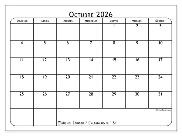 Calendario de octubre de 2026 para imprimir - Planificador de comidas - Semana: de domingo a sábado