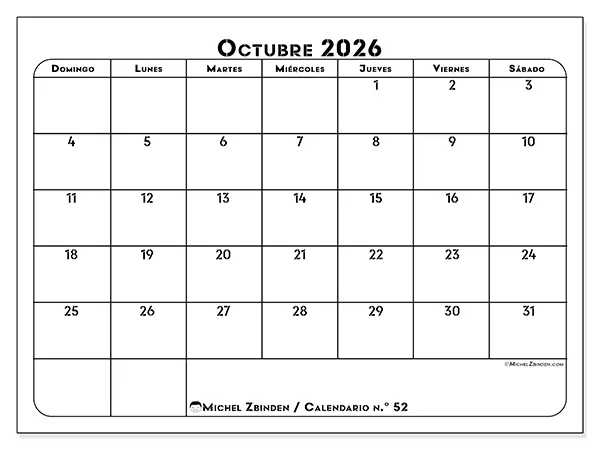 Calendario de octubre de 2026 para imprimir - Organización profesional - Semana: de domingo a sábado