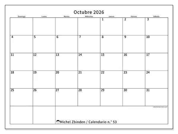 Calendario de octubre de 2026 para imprimir - Horario eficiente - Semana: de domingo a sábado