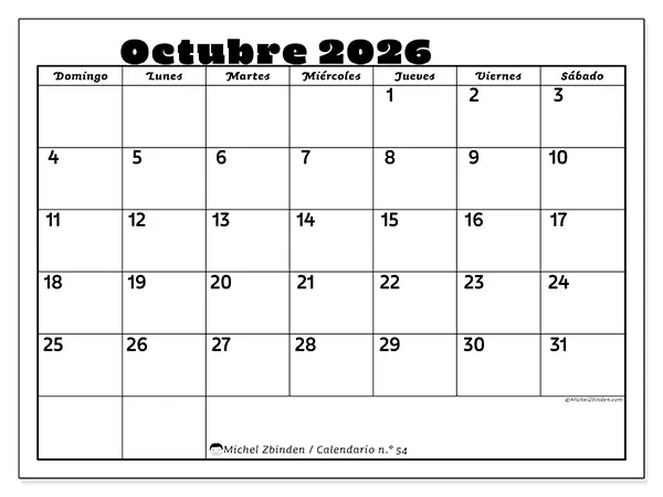 Calendario de octubre de 2026 para imprimir - Actividades en familia - Semana: de domingo a sábado