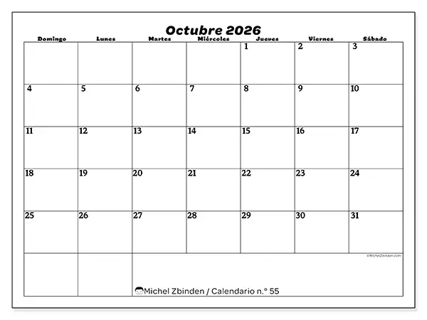 Calendario de octubre de 2026 para imprimir - Organización del ocio - Semana: de domingo a sábado