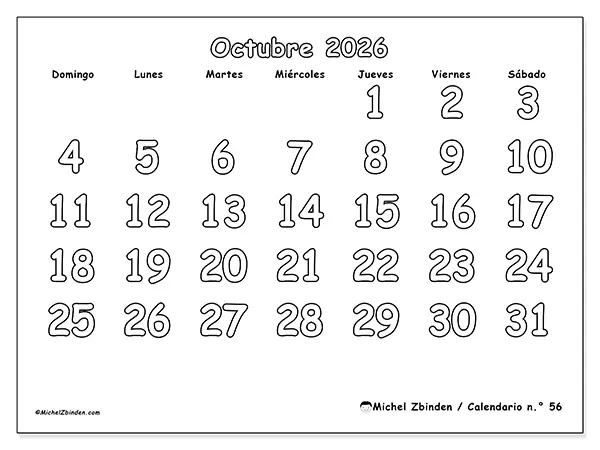 Calendario de octubre de 2026 para imprimir - Colorear útil - Semana: de domingo a sábado