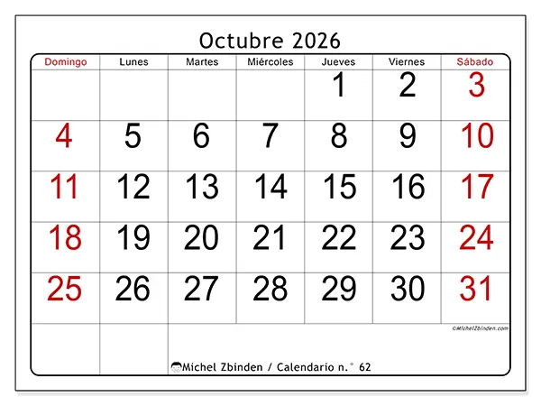 Calendario de octubre de 2026 para imprimir - Lectura rápida - Semana: de domingo a sábado