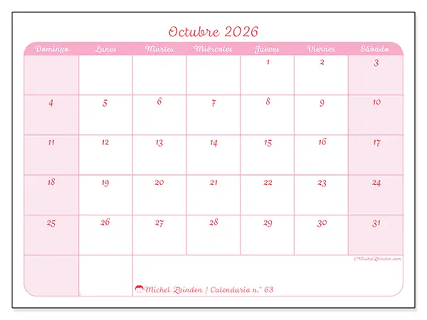 Calendario de octubre de 2026 para imprimir - Organización en suavidad - Semana: de domingo a sábado