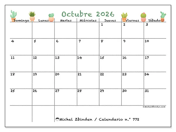 Calendario de octubre de 2026 para imprimir - Cactus decorativos - Semana: de domingo a sábado