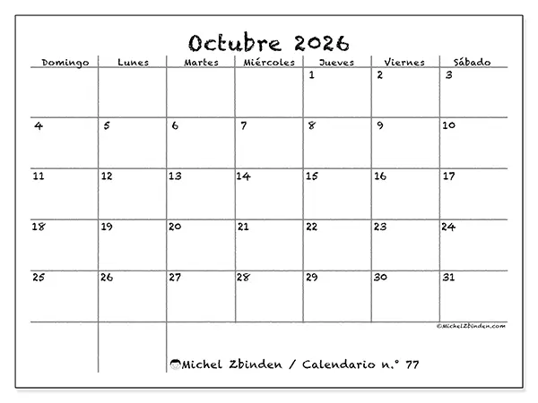 Calendario de octubre de 2026 para imprimir - Escuela y familia - Semana: de domingo a sábado