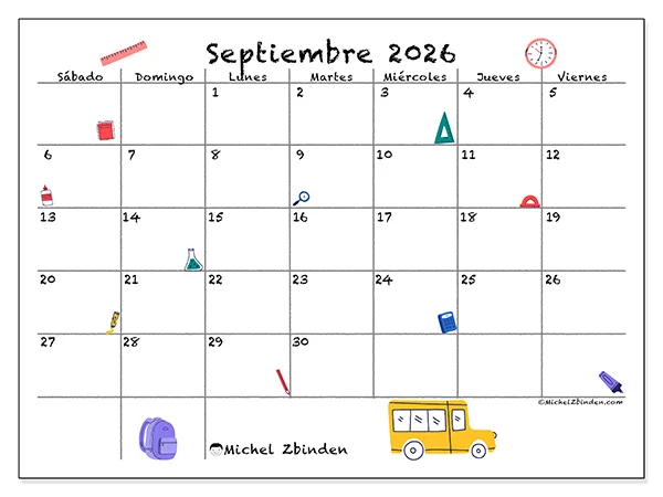 Calendario de septiembre de 2026 para imprimir - Vuelta a clases - Semana: de domingo a sábado