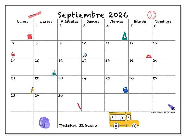 Calendario de septiembre de 2026 para imprimir - Vuelta a clases