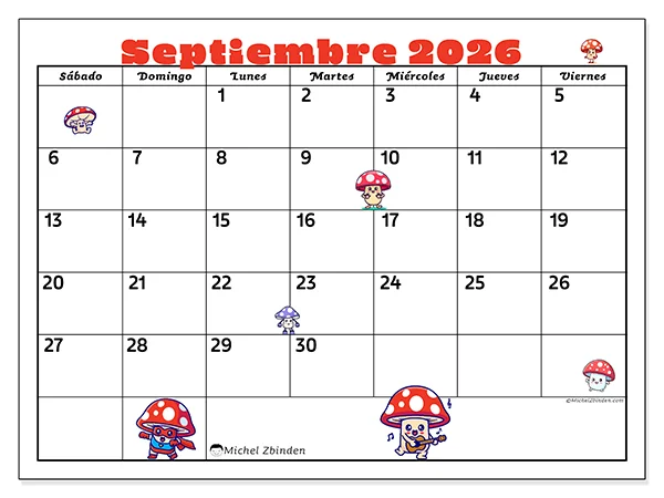Calendario de septiembre de 2026 para imprimir - Setas de septiembre - Semana: de domingo a sábado