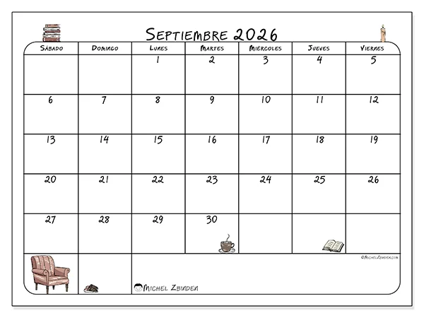 Calendario de septiembre de 2026 para imprimir - Pausa de café y lectura - Semana: de domingo a sábado