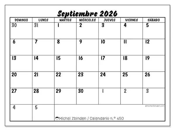 Calendario de septiembre de 2026 para imprimir - Organización detallada - Semana: de domingo a sábado