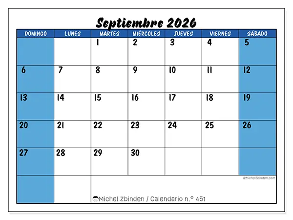 Calendario de septiembre de 2026 para imprimir - Organización dinámica - Semana: de domingo a sábado
