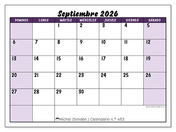 Calendario de septiembre de 2026 para imprimir - Eficiencia colorida - Semana: de domingo a sábado