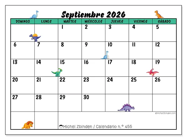 Calendario de septiembre de 2026 para imprimir - Pequeños dinosaurios - Semana: de domingo a sábado