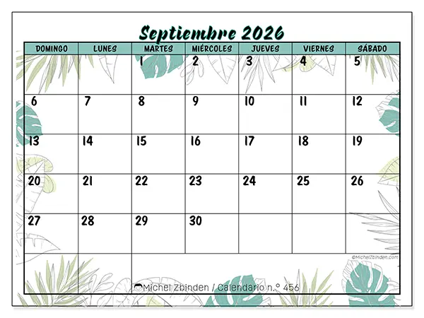 Calendario de septiembre de 2026 para imprimir - Naturaleza y jardín - Semana: de domingo a sábado