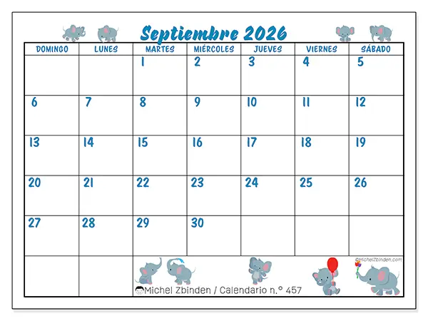 Calendario de septiembre de 2026 para imprimir - Pequeños elefantes - Semana: de domingo a sábado