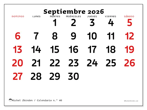 Calendario de septiembre de 2026 para imprimir - Visión clara - Semana: de domingo a sábado