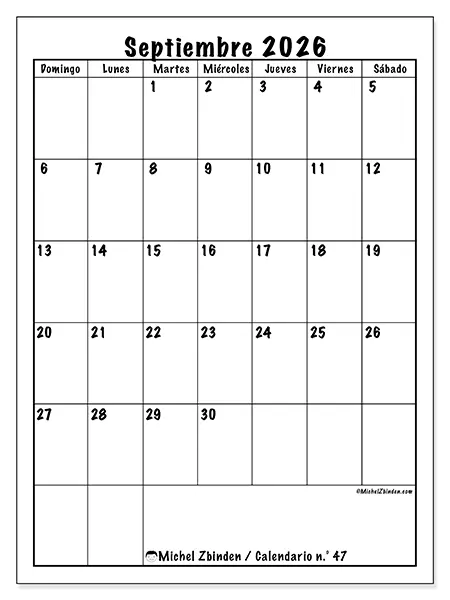 Calendario de septiembre de 2026 para imprimir - Planificación eficiente - Semana: de domingo a sábado
