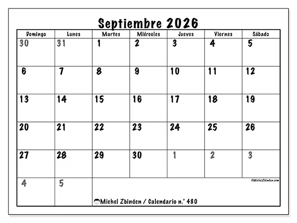 Calendario de septiembre de 2026 para imprimir - Planificación completa - Semana: de domingo a sábado