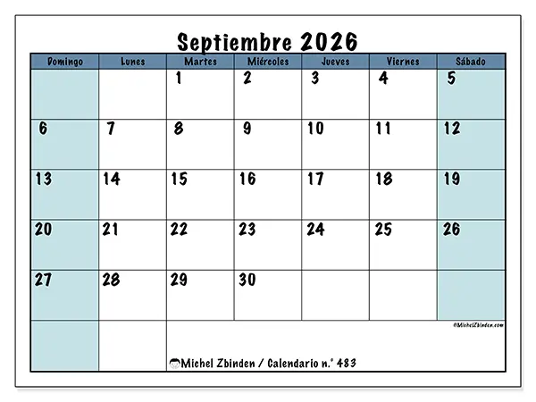 Calendario de septiembre de 2026 para imprimir - Estructura para la escuela - Semana: de domingo a sábado