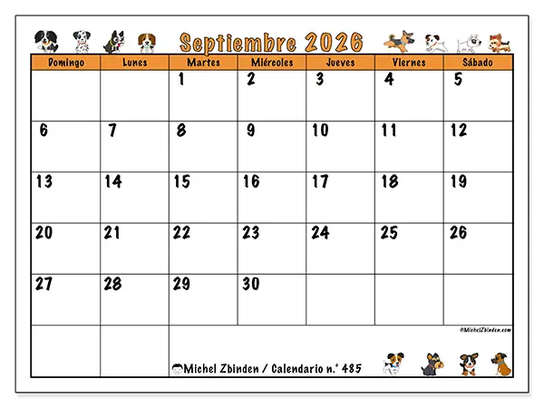 Calendario de septiembre de 2026 para imprimir - Perros entusiastas - Semana: de domingo a sábado