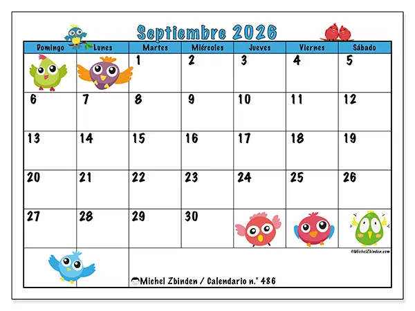 Calendario de septiembre de 2026 para imprimir - Pájaros divertidos - Semana: de domingo a sábado