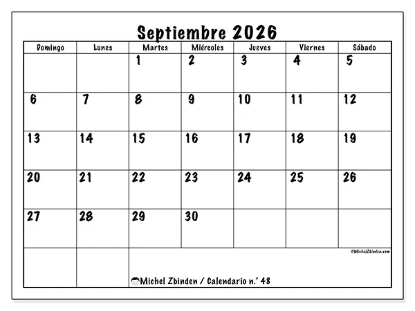Calendario de septiembre de 2026 para imprimir - Eficiencia diaria - Semana: de domingo a sábado