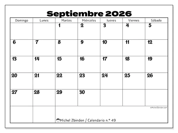 Calendario de septiembre de 2026 para imprimir - Coordinación productiva - Semana: de domingo a sábado