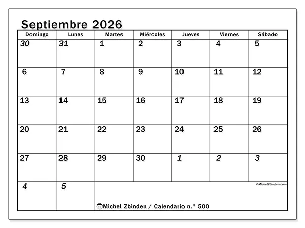 Calendario de septiembre de 2026 para imprimir - Planificación intensiva - Semana: de domingo a sábado