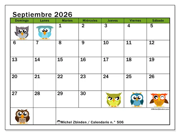 Calendario de septiembre de 2026 para imprimir - Búhos divertidos - Semana: de domingo a sábado