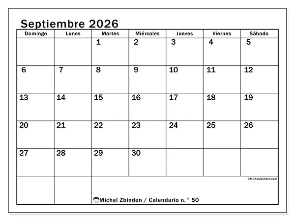 Calendario de septiembre de 2026 para imprimir - Planificación óptima - Semana: de domingo a sábado