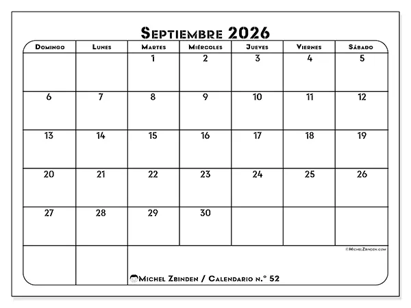 Calendario de septiembre de 2026 para imprimir - Organización profesional - Semana: de domingo a sábado