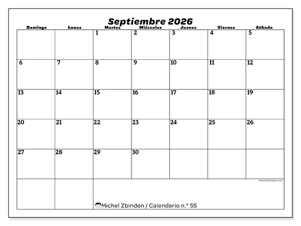 Calendario de septiembre de 2026 para imprimir - Organización del ocio - Semana: de domingo a sábado