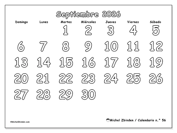 Calendario de septiembre de 2026 para imprimir - Colorear útil - Semana: de domingo a sábado