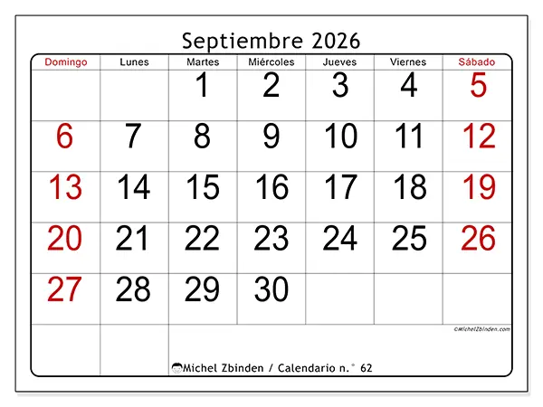 Calendario de septiembre de 2026 para imprimir - Lectura rápida - Semana: de domingo a sábado