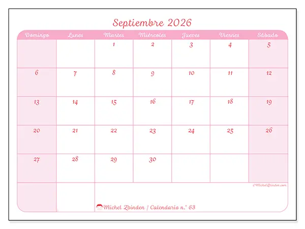 Calendario de septiembre de 2026 para imprimir - Organización en suavidad - Semana: de domingo a sábado